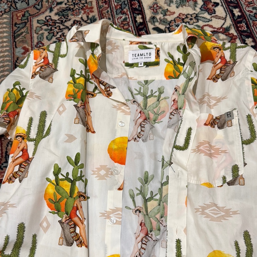 Men's Casual Button Down Shirt - White with Multicolor Print